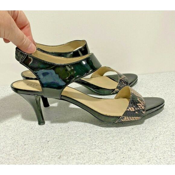 Ellen Tracy 9M black patent & snakeskin shoes 'Vinnie' sandals dressy high heels - Picture 2 of 8